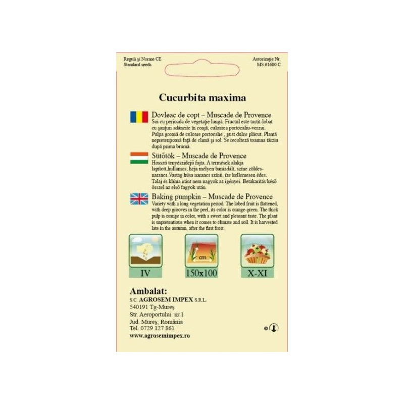 Dovleac de copt seminte - Cucurbita maxima Muscade de Provence