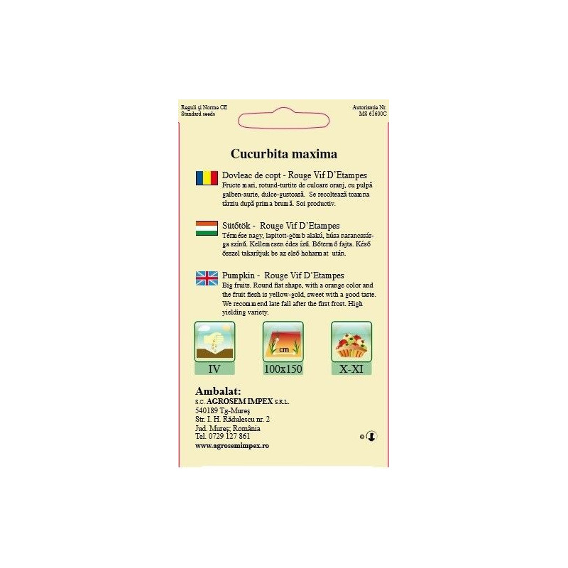 Dovleac de copt seminte - Cucurbita maxima Rouge vif D'Etampes