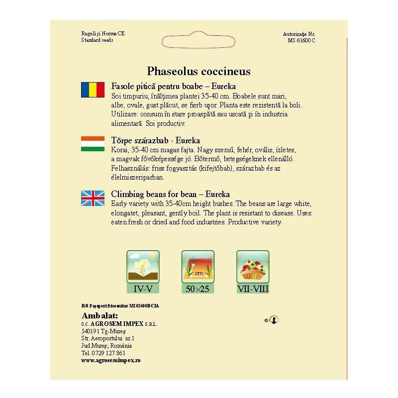 Fasole pitica pentru boabe Eureka seminte BigPack - AS - 50g